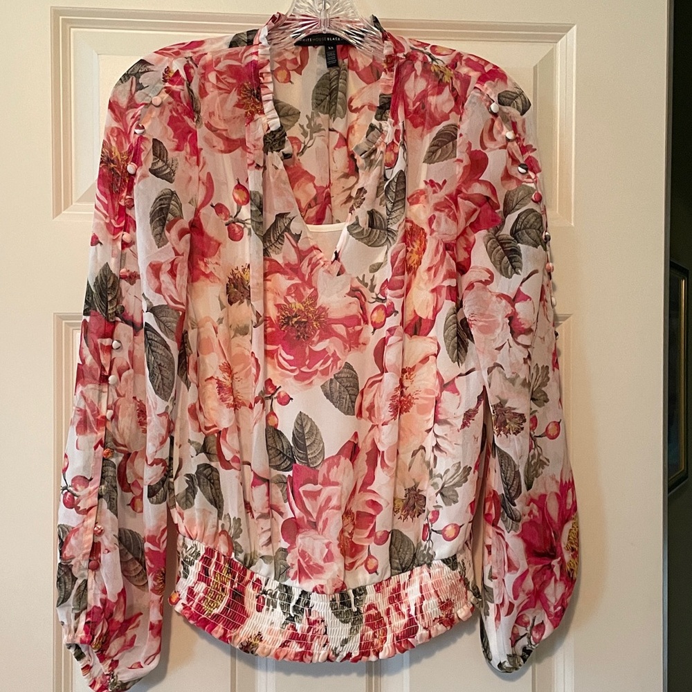 White House Black Market Pink and Gray Floral Blouse